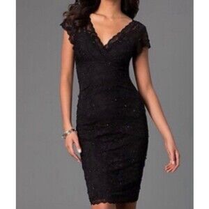 Marina Black Sequin Beaded Stretch Lace V Neck Short Sleeve Dress Size 6 Party